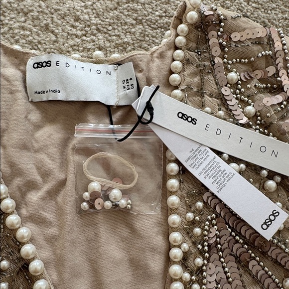 ASOS EDITION v neck pearl embellished mini dress in pale gold - Picture 10 of 11